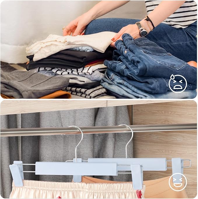 Clothes Pants Hangers, Space-Saving Skirt Holders with 360 ° Swivel Hooks, Adjustable Clips, Trouser Hangers, Clothes Coat Garment Jeans Hangers (30 Pack, Blue)