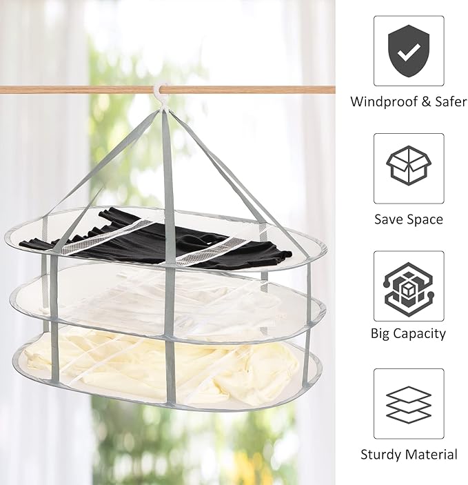 AUTODECO 3-Tier Folding Mesh Clothes Hanging Dryer, Sweater Drying Rack, Large Laundry Drying Rack, Lay fold Flat Dry Hanger, Mesh Clothes Hanging Dryer - XL(3Tier)