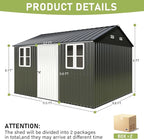 VanAcc 10 x 12FT Outdoor Storage Shed with a Lockable Hinged Door and 2 Windows, Nordic Cottage Metal Shed for Backyard, Garden, Patio, Dark Grey/White