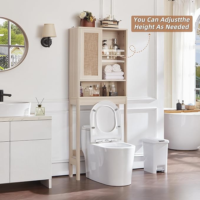 LEYAOYAO Rattan Over The Toilet Storage Cabinet, Farmhouse Over Toilet Bathroom Organizer with Sliding Door, 68" Tall Freestanding Washer Shelf with Adjustable Shelf & Curved Profile, Grey White