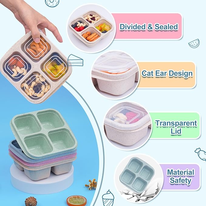 4 Pack Snack Containers, 4 Compartment Snackle Box Container, Reusable Meal Prep Lunchable Container, Microwave Dishwasher Safe, Divided Food Storage Containers for Work Travel (Pink)