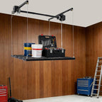 Ceiling Mount Garage Storage Rack 48x48 Inch, 300lbs Capacity Overhead Lifting Storage Rack with Adjustable Height up to 79 Inch, Heavy Duty Carbon Steel for Garage Warehouse Tool Storage, Matte Black