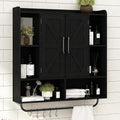 RUSTOWN Rustic Wood Wall Bathroom Cabinet, Farmhouse Medicine Cabinet Wall Mounted, Space Saving Wall Storage Cabinet with 2 Barn Door, 3-Tier Adjustable Shelves and Towel Bar (Black)