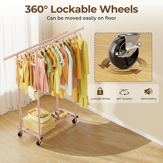 Double Rods Clothes Rack, Sturdy Rolling Clothing Rack, Portable Clothing Racks for Hanging Clothes - Metal Garment Rack Wardrobe Coat Rack for Bedroom Laundry Living Room, Pink