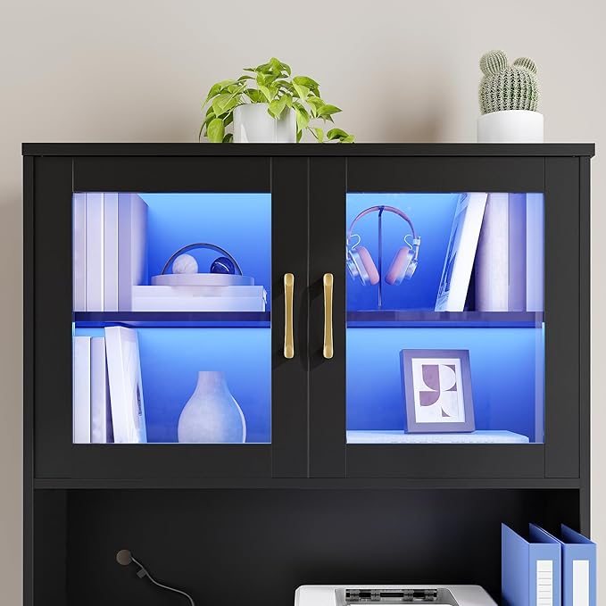 HOOBRO 2 Drawer File Cabinet with Charging Station, LED Lights, and Bookshelf, Farmhouse Filing Cabinet with File Holder Organizer, Fits Letter, Legal, A4 Size, Vertical, for Home Office, Black