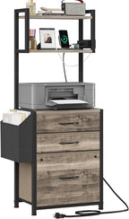 Small 3 Drawer File Cabinet with Charging Station, 45''H, 3-Tier Filing Cabinet for Home Office, 11''*16'' for Small Printer, Fabric Drawer Fits Letter/A4, Tall Printer Stand, Grey