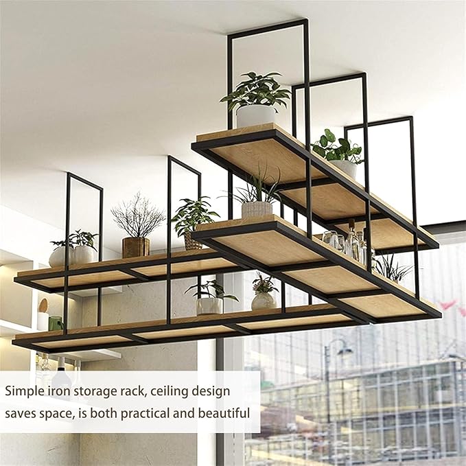 2-Tier Hanging Plant Shelves & Flower Pot Stand, Ceiling-Mounted Storage Rack, Floating Kitchen Organizer, Decorative Display Shelves & Wine Holder (110x30x80cm)