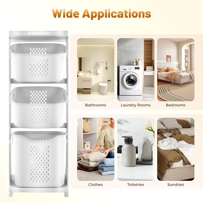 Laundry Hamper Basket Sorter, 3-Tier PP Laundry Sorter Cart with 4 Wheels, 16.92x12.99x42.91in Removable Rolling Laundry Baskets, Practical Handle, Porous Design, 1 Large and 2 Small Baskets, White