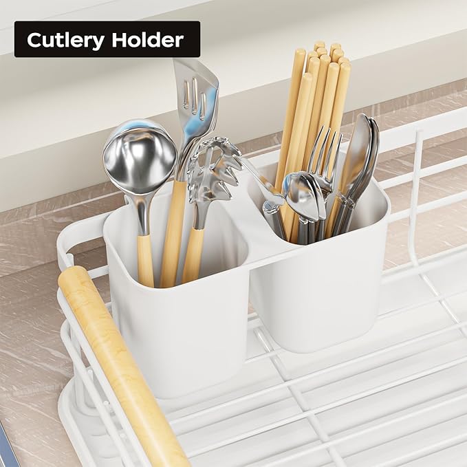 Dish Racks for Kitchen Counter: Wooden Handles, Thickened Metal, No Assembly. Small Dish Drying Rack: Ideal for Small Households. Drying Rack Kitchen: White