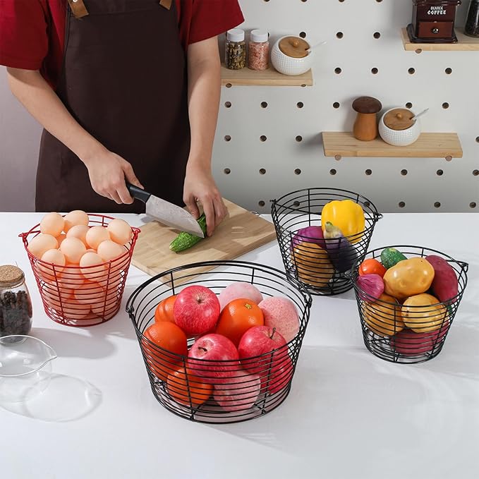 Colorful Metal Mesh Wire Egg Collecting Basket with Handle Portable Garden Vegetable Fruit Storage Lightweight Hanging Collector for Farmhouse Gathering Kitchen Picnic (Black, Large - 12")