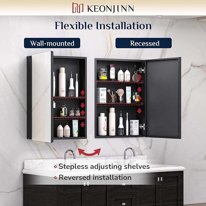 Keonjinn Black Medicine Cabinet for Bathroom with Mirror 16 x 24 Inch, Assembly Required, Lightweight, Tempered Glass, Free Adjustable Shelves, Recessed or Wall Mount, Bathroom Mirrors with Storage