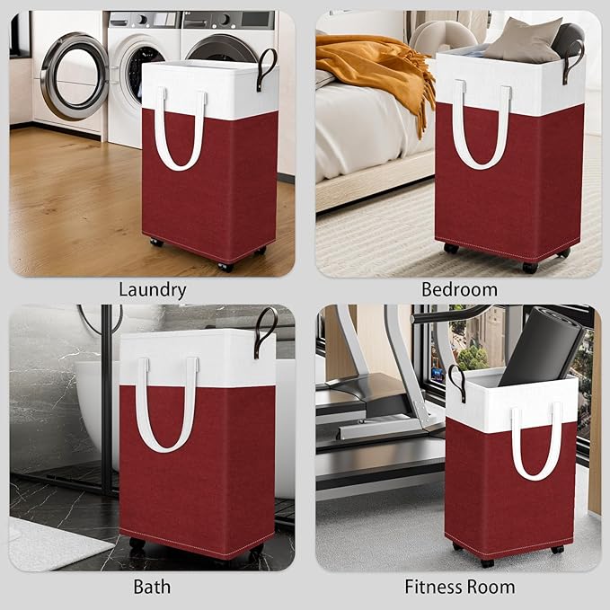 HomeHacks 75L Rolling Laundry Basket with Wheels, Collapsible & Waterproof Laundry Hamper, Mobile Clothes Hamper, Storage Laundry Bins with Handles for Laundry Room, Bedroom, Bathroom & Dorm, Red