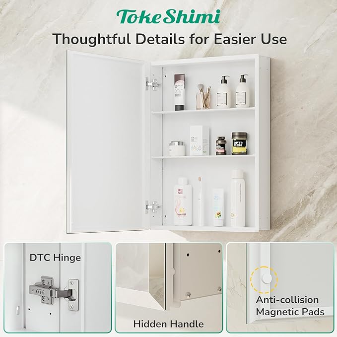 TokeShimi 20 x 26 Recessed Medicine Cabinet with Mirror, Assembly Required, Frameless Medicine Cabinet for Bathroom, Tempered Beveled Mirror, Stepless Adjustable Shelves, DTC Hinge