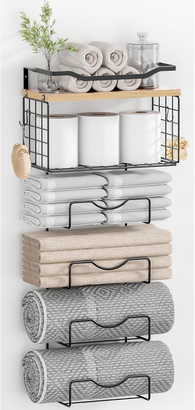 Towel Racks for Bathroom,Towel Rack Wall Mounted, 6 Tier Rolled Or Folded Towel Holder with Floating Shelves, Bathroom Towel Holder for Bath, Hand Towels,Metal,Walnut Wood Panel