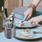 Glass Utensil Holder, Crystal Silver Utensil Makeup Brush Organizer Bling Flatware Storage Crocks for Countertop Crushed Diamond Home Decor Spoon Knife Fork Holder for Kitchen Counter