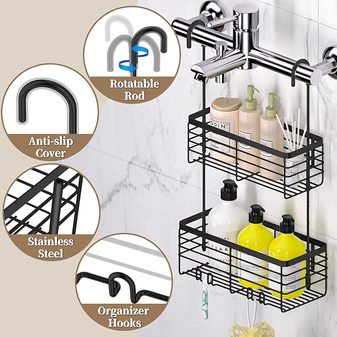 DELLAN 2-Tier Shower Hanging Caddy, Shower Rack with Hooks Over the Door, Stainless Steel Hanging Orangizer and Basket (Black)