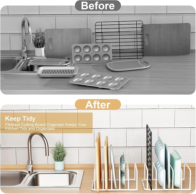 Cutting Board Organizer and Baking Sheet Rack, [2-Pack] White Heavy Duty Metal Cookie Sheet Organizer for Cutting Board Storage & Plate Holder for Cabinet, Tray Dividers for Cabinets