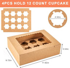 12 Count Cupcake Boxes, 4PCS Cupcake Container with Window, Food Grade Cupcake Holder for Birthday Holiday Party, Bakery Supplies for Cupcakes, Desserts, and More (Brown)