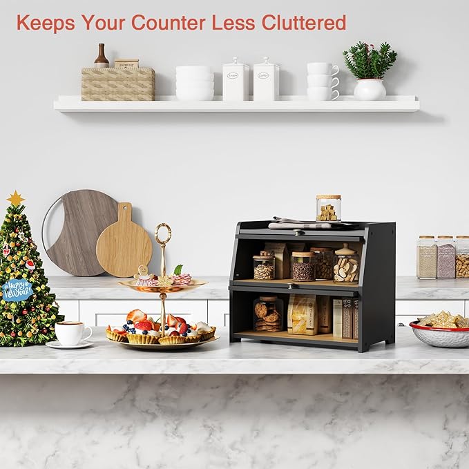 Large Bread Box for Kitchen Countertop, Black Bread Storage Container for Homemade Bread, Double Layer Farmhouse Breadbox Organizer for Kitchen Counter Cabinet, Pantry, Cupboard (Black)