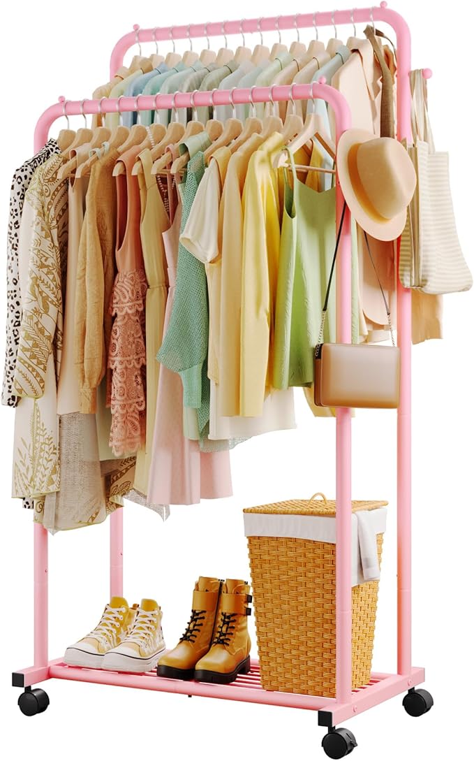 Clothes Rack - Double Rods Clothing Rack with Mesh Shelf, Hooks & Wheels, Metal Clothing Racks for Hanging Clothes & Bags, Multifunctional Garment Rack for Laundry, Pink, 28.7" x 16.5" x 59.1"
