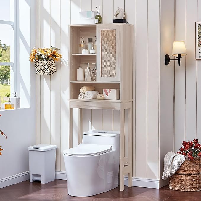 LEYAOYAO Rattan Over The Toilet Storage Cabinet, Farmhouse Over Toilet Bathroom Organizer with Sliding Door, 68" Tall Freestanding Washer Shelf with Adjustable Shelf & Curved Profile, Grey White
