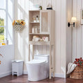 LEYAOYAO Rattan Over The Toilet Storage Cabinet, Farmhouse Over Toilet Bathroom Organizer with Sliding Door, 68" Tall Freestanding Washer Shelf with Adjustable Shelf & Curved Profile, Grey White