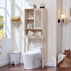 LEYAOYAO Rattan Over The Toilet Storage Cabinet, Farmhouse Over Toilet Bathroom Organizer with Sliding Door, 68" Tall Freestanding Washer Shelf with Adjustable Shelf & Curved Profile, Grey White
