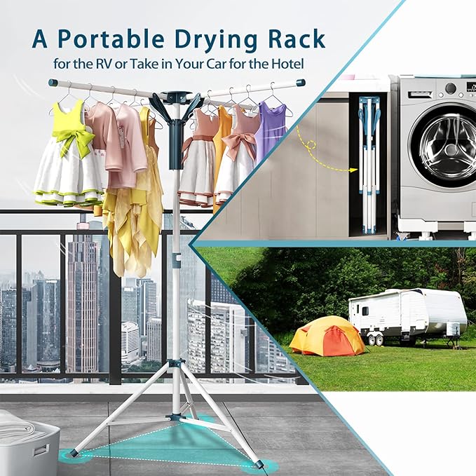 JAUREE Tripod Clothes Drying Rack Folding Indoor, Portable Drying Rack Clothing and Height-Adjustable, Space Saving Laundry Drying Rack with 20 Clips