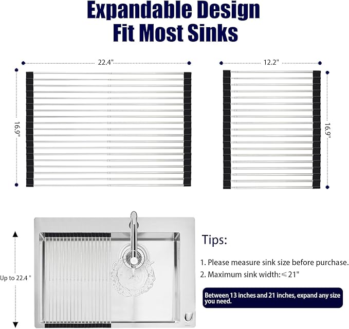 Roll Up Dish Drying Rack, Expandable Over The Sink Dish Drainer,Stainless Steel Kitchen Rolling Sink Rack Space Saving Dish Mat, Length Up to 22.3" (Black, Large Expandable)