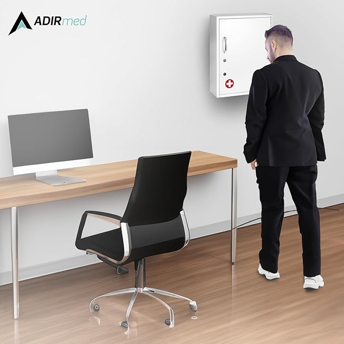 AdirMed White Locking Medication Cabinet with Document Pocket, Metal Wall Mounted Medication Cabinet with Dual Lock and Dual Keys, 21" H x 16" W x 6" D