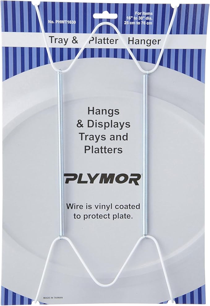 Plymor White Vinyl Finish Wall Mountable Tray and Platter Hanger, 14.25" H x 6.5" W x 0.875" D (for Trays or Platters 16" - 30")