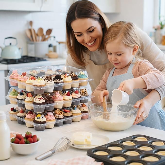 (24 Count x 5 Sets Plastic Cupcake Containers with Liners, Clear Cupcake Holder with Lids, Disposable Cupcake Carrier for Bakery, Cupcake Storage Box for Parties, Bake Sale Packaging