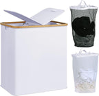 efluky Laundry Hamper with Lid, Double Laundry Hamper with 2 Removable Bags, 2 Section Laundry Basket with Bamboo Handles for Bathroom, Bedroom & Laundry Room -White