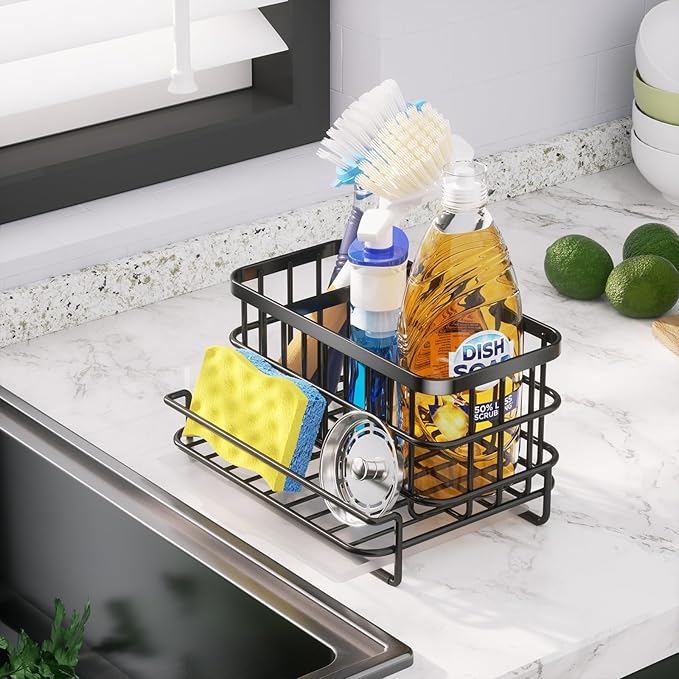 HapiRm Kitchen Sink Organizer, SUS304 Stainless Steel Rustproof Multifunctional Sink Caddy with Sponge Holder and Drain Tray for Kitchen Countertop (Black)
