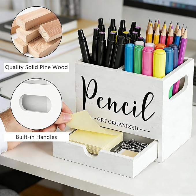 Pencil Holder with 1 Drawer, Multi-Functional Pen Holder for Desk, Desk Organizers and Accessories with 2 Compartments, Desktop Organizer for Office Home Art Supplies(White)
