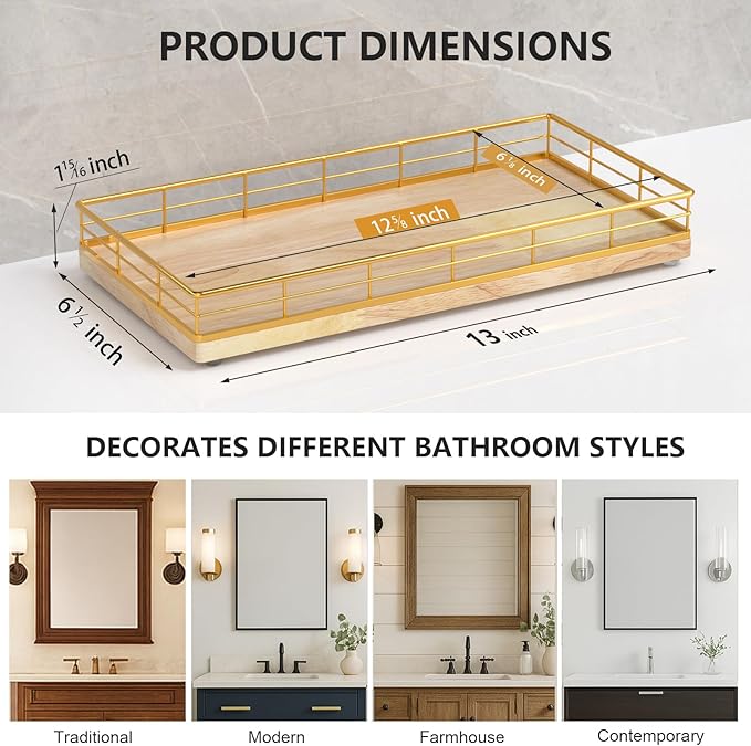 Toilet Paper Basket Organizer – Oak Wood Toilet Tank Tray with Metal Frame, Back of Tank or Top Bathroom Counter Storage – Gold & Oak Modern Decor