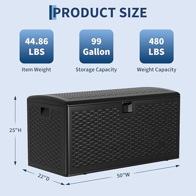 Garvee 99 Gallon Waterproof Large Resin Deck Box Indoor Outdoor, Lockable Storage Container for Patio Furniture Tools, Waterproof Deck Box Patio Storage Bin for Pool Garden, Black
