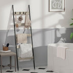 Blanket Ladder, 5-Tier Towel Holder with 4 Removable Hooks, Farmhouse Wall Leaning Decorative Rack Shelf, Wooden Towel Display Rack, Quilt Ladder for Living Room, Bedroom, Greige