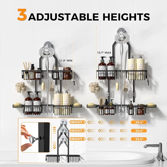 REINHARDT Aluminum Shower Caddy Hanging Adjustable Shower Caddy, Rustproof Hanging Shower Organizer with Hooks Soap Holders, Over Shower Head Caddy for Handheld Showerhead, Black
