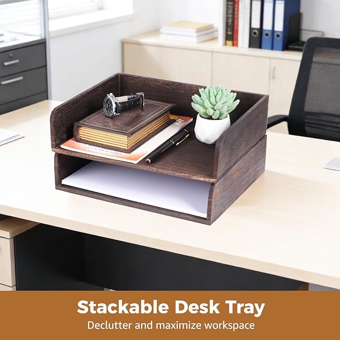 2 Pcs Stackable Desk Tray, Wood Document Organizer, Retro Brown Desktop Accessories with Open Front Design, Wooden Folder Organization Rack Desk Tray for Office, Home, 12.4 x 9.4 x 3.5 in