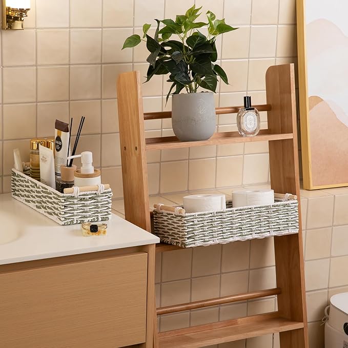 OIAHOMY Toilet Paper Baskets Handmade Paper Rope Decorative Wicker Storage Tank Shelf Cabinet Organizer for Bathroom Home, Set of 2, Green & White