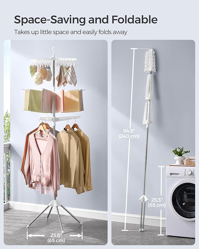 SONGMICS 3-Tier Clothes Drying Rack, 82.7-Inch Folding Laundry Drying Rack with 11 Rotatable Arms for Hangers, 24 Clips, Stainless Steel, for 27 Pieces of Clothes, White and Silver ULLR513W01