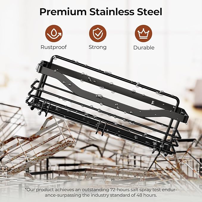 Orimade Shower Caddy Basket Shelf Storage Rack, No Drilling Wall Mounted Adhesive Rust Proof Stainless Steel Shower Organizer with 5 Hooks for Bathroom, Black 2 Pack