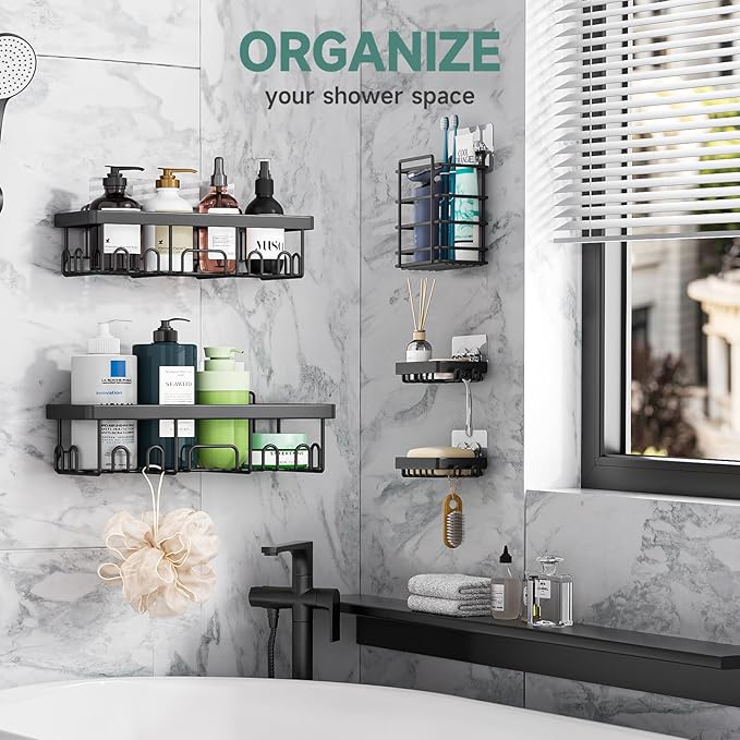Veken 5-Pack Rustproof & Waterproof Shower Caddy 5-Pack, No Drilling Adhesive Corner Shower Shelves, Rack For Inside Shower, Large Bathroom Organizer Storage Accessories, Ideal for Home&Kitchen, Black