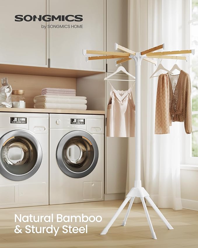 SONGMICS Clothes Drying Rack, with Bamboo Hanging Rods, Foldable Metal Laundry Rack, Space-Saving, Free-Standing Airer, Indoor Use, White and Natural ULLR516W01