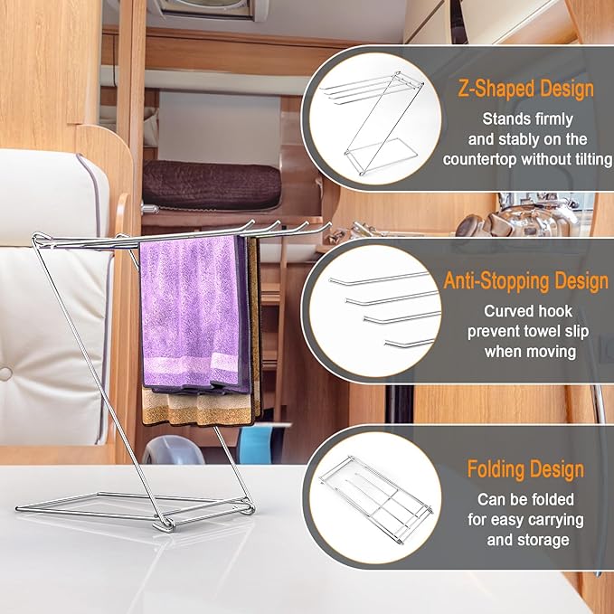 Kitchen Towel Holder Stand, 4-Arm Dish Towel Holder Countertop Towel Drying Rack for Bathroom, Free Standing Hand Towel Stand Washcloth Dish Cloth Drying Rack, Z-Shaped Folding Hanging Towel Bar Stand