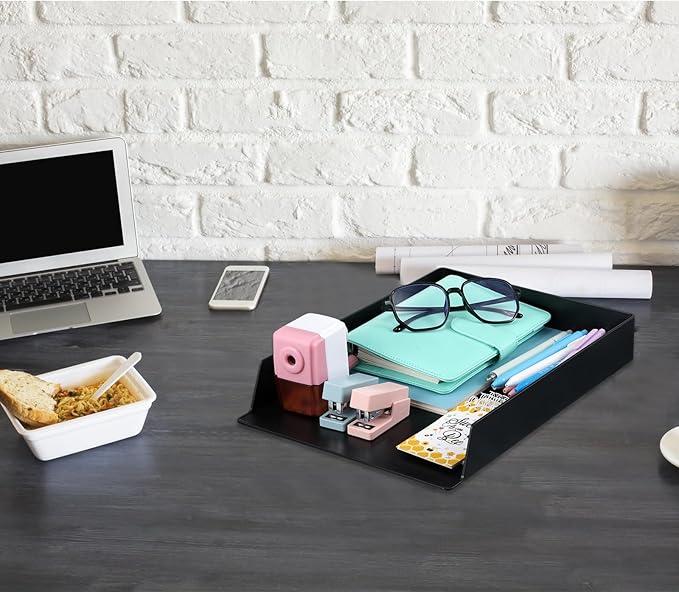 Wenqik 2 Pcs Stackable Paper Trays Rectangular Plastic Desk Holder Desktop Document File Organizer Storage Letter for Office Classroom (Black)