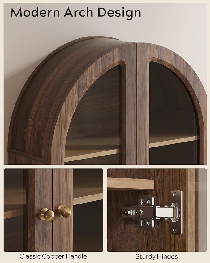 Brown Arched Wall Cabinet, Large Wood Bathroom Medicine Cabinet Wall Mounted Cupboard, Modern Floating Storage Cabinet with Acrylic Door Adjustable Shelf, Wood Organizer (Brown-Oak)