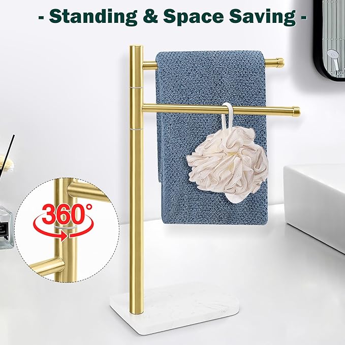 Hand Towel Holder, F-Shape Hand Towel Stand with Marble Base, Stainless Steel Swivel Hand Towel Rack Bar Standing for Bathroom Kitchen Countertop, 2 Arms (Gold)