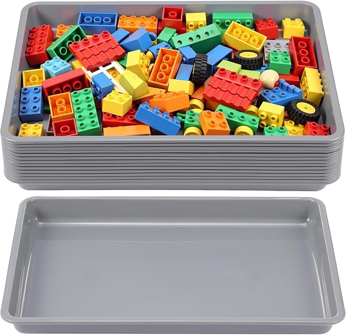 Maitys 15 Pcs Flat Plastic Trays 16.1 x 11.8'' Sensory Storage Paper Tray Stackable Classroom Bins for Office Home Organizer Crafts Supplies(Gray)